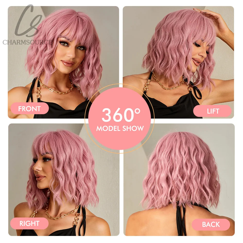 CharmSource Pink BOBO Short Synthetic Wig for Women — Natural Wave, High-Density, Heat-Resistant Hair for Daily & Party