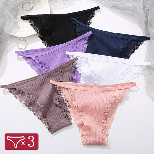 FINETOO 3pcs Women’s Lace Cotton Briefs — Solid, Comfortable, Breathable Soft Underwear & Lingerie