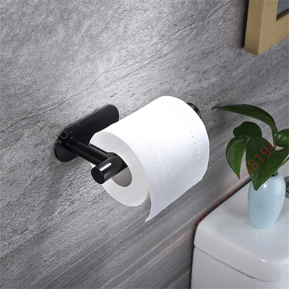 Adhesive Wall Mount Toilet Paper Holder: Black/Silver Kitchen & Bathroom Roll Stand - Convenient Hanging Napkin Rack for WC Accessories