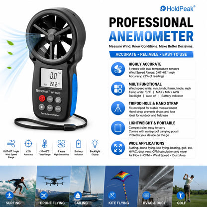 HOLDPEAK HP-866B Anemometer - Handheld Wind Speed & Temperature Meter with Wind Chill, Max/Min & LCD Backlight