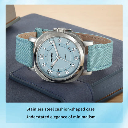 BERNY Women’s Mechanical Watch — Self-Wind Pillow Cushion Design with Sapphire Crystal, Super Luminous Display, Canvas Strap, and Calendar Function
