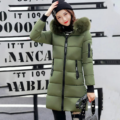Women's Winter Parka – Fur Collar Hooded Long Jacket, Slim Fit, Warm & Thick with Letter Patch & Zipper Pockets