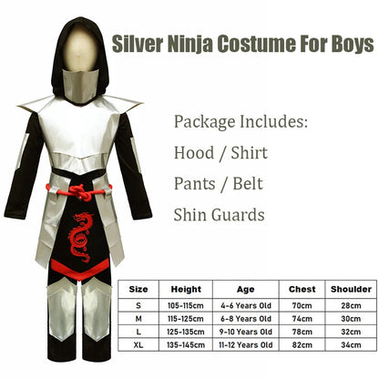 2025 Kids Dragon Ninja Costume – Silver Ninja Halloween Cosplay Outfit for Boys