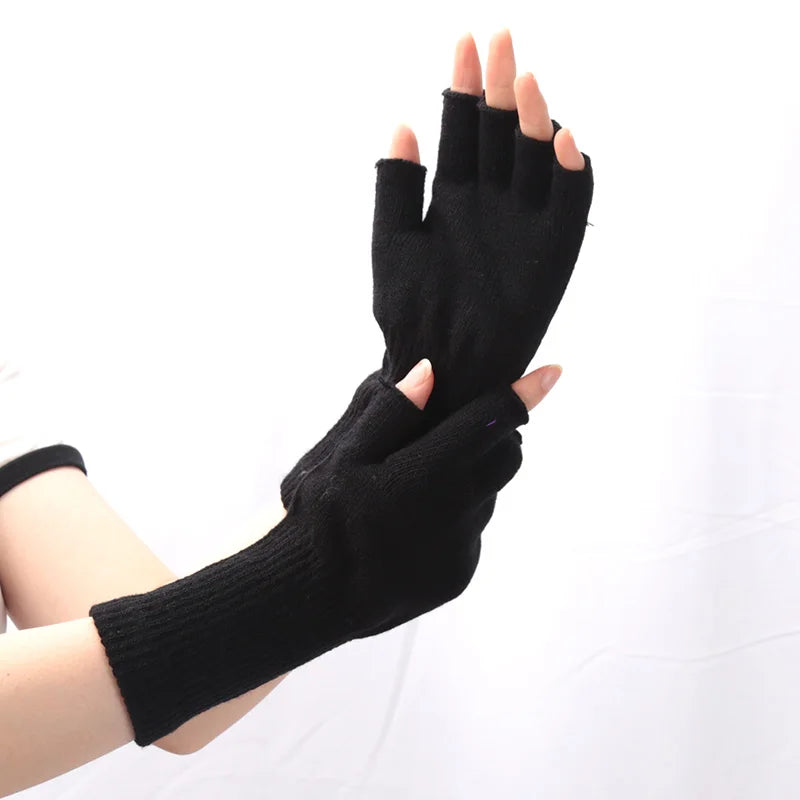 Black Knitted Fingerless Gloves - Winter Thermal Warm Mittens for Men and Women, Cozy Driving, Writing, and Riding Work Gloves