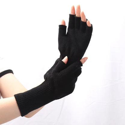 Black Knitted Fingerless Gloves - Winter Thermal Warm Mittens for Men and Women, Cozy Driving, Writing, and Riding Work Gloves