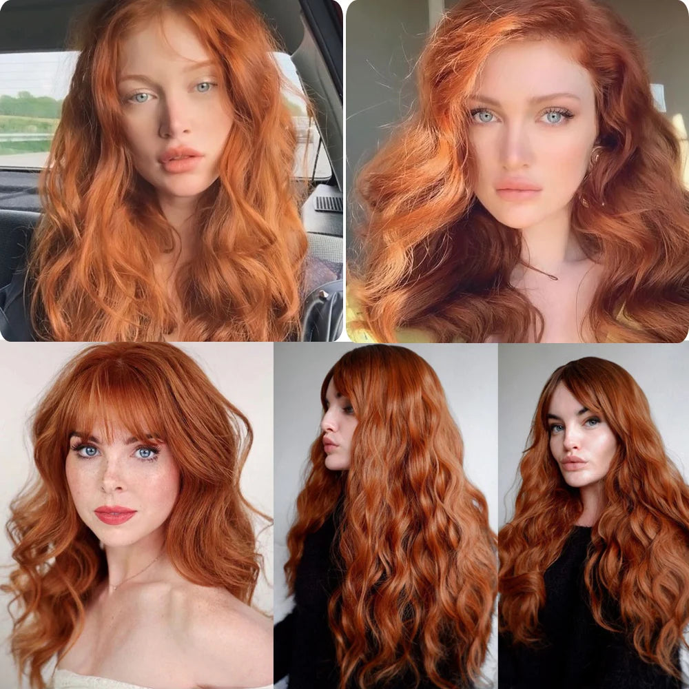 Copper Ginger Red Brown Synthetic Wig – Long Fluffy Wavy Wig with Bangs, Heat-Resistant Cosplay & Daily Wear Hair for Women