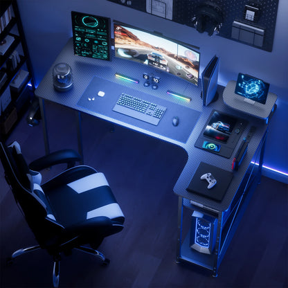 L-Shape Carbon Fiber Gaming Desk with Drawers & Monitor Arm – Home Office Computer Desk