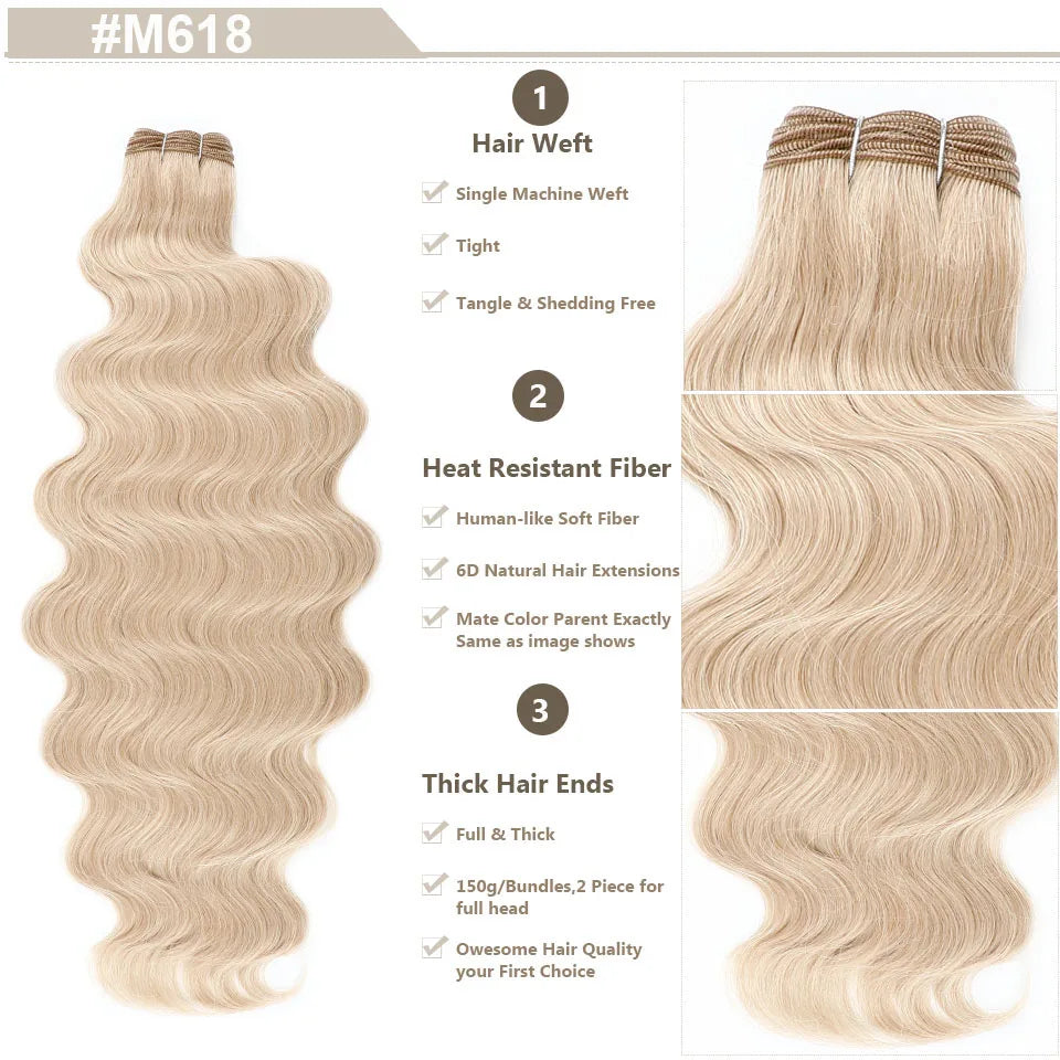 Highlight Gold Bio Body Wave Hair Weave Bundles – 26"/30" Synthetic High Temperature Soft, Natural Human-Like Fiber Hair Extensions