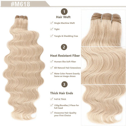 Highlight Gold Bio Body Wave Hair Weave Bundles – 26"/30" Synthetic High Temperature Soft, Natural Human-Like Fiber Hair Extensions