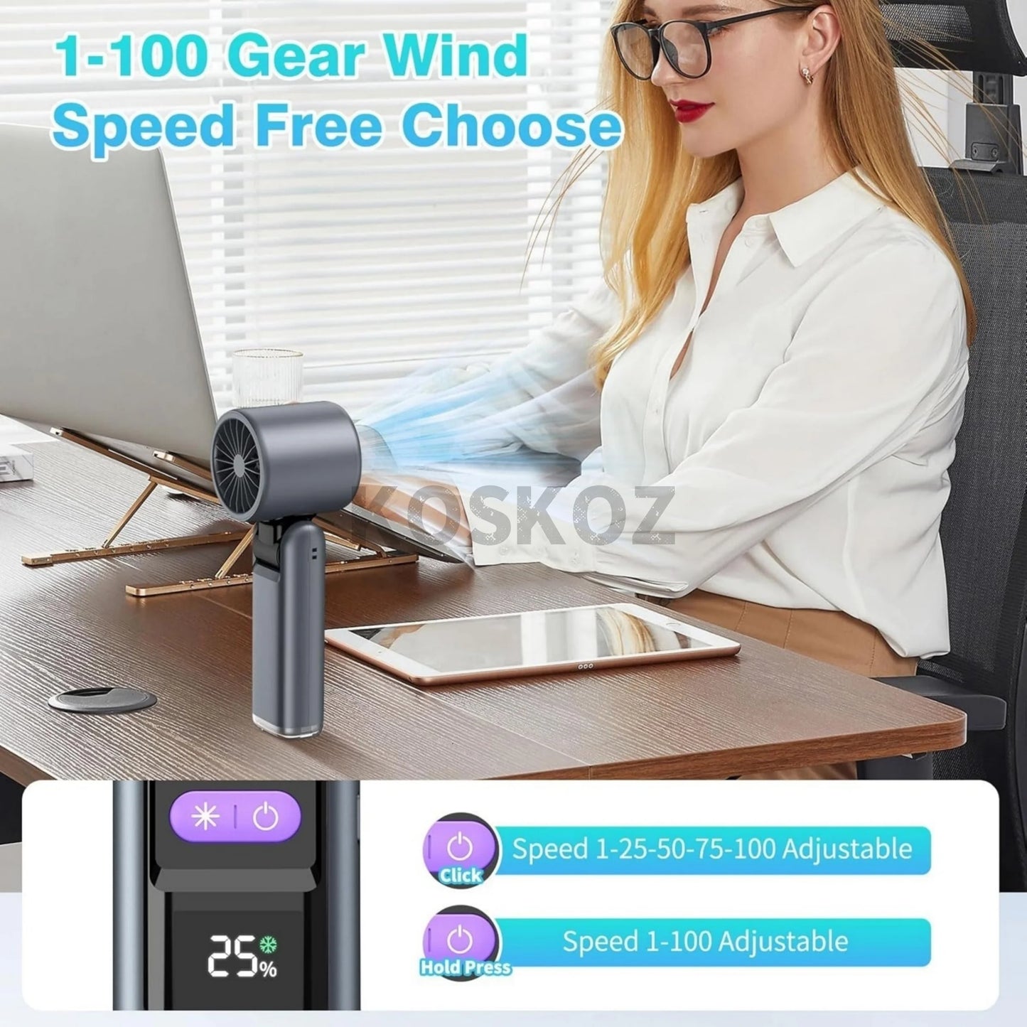 Portable Handheld Turbo Fan - 5-Speed High Velocity Rechargeable Mini Cooling Fan with Flashlight & 4000mAh Battery for Travel