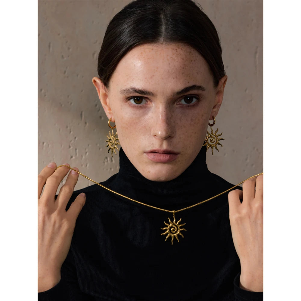 Stainless Steel Sun Drop Necklace & Hoop Earrings Set – Tarnish-Resistant Charm Jewelry for Women Gift
