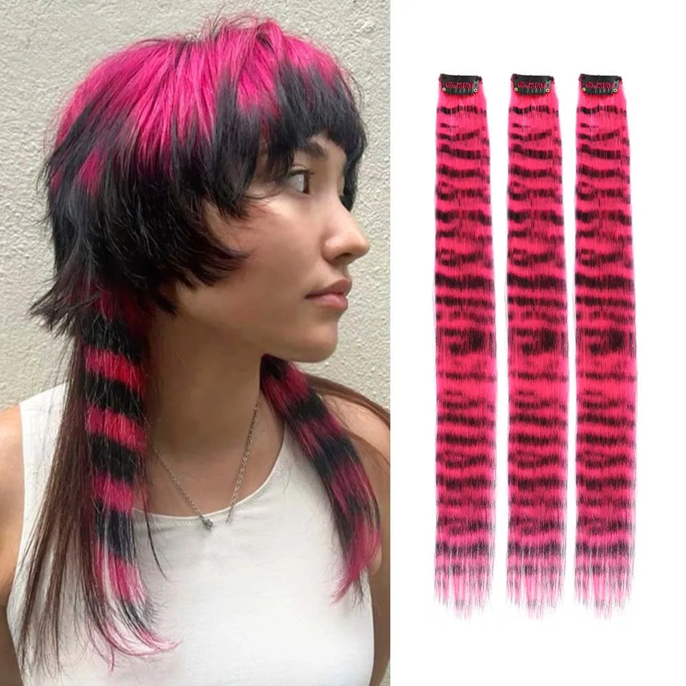 3-Piece Colorful Stripe Hair Extensions - Long Straight Synthetic Clip-In Hair Pieces for Parties & Halloween