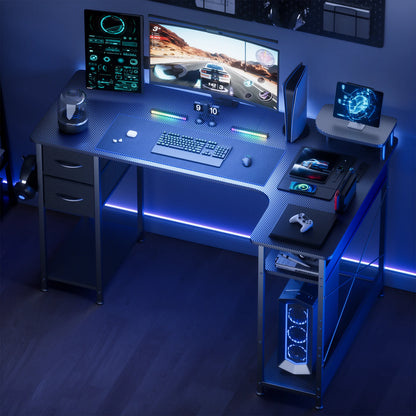 L-Shaped Gaming Desk with Drawers – Carbon Fiber Computer Desk with Monitor Arm for Home Office
