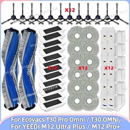 Replacement Parts for Ecovacs T30 Pro Omni & YEEDI M12 Ultra Plus – Main Roller, Side Brush, Filter, Dust Bag, Mop Cloth