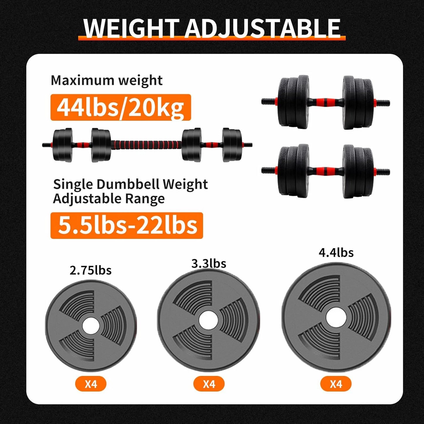 5-44lbs Adjustable Dumbbell & Barbell Set – Anti-Slip Grip Home Gym Fitness Weight Plates for Strength Training
