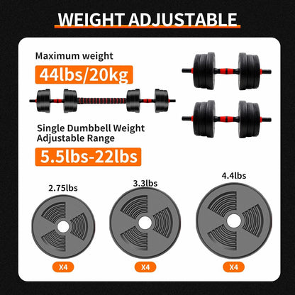 5-44lbs Adjustable Dumbbell & Barbell Set – Anti-Slip Grip Home Gym Fitness Weight Plates for Strength Training