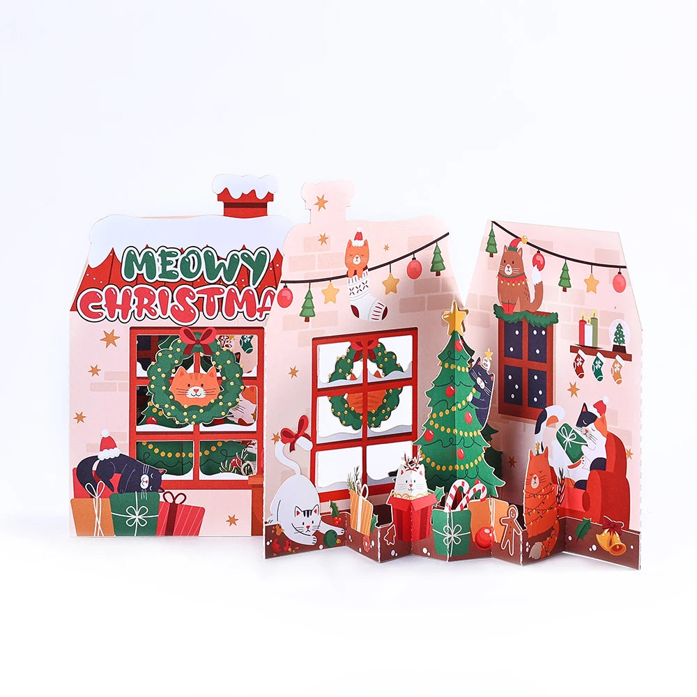 3D Christmas Tree Greeting Card – Cat Xmas Pop-Up Postcard with Envelope