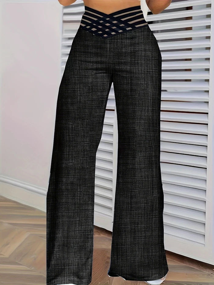 2024 Women’s Wide Leg Flared Pants – Y2K High Waist Crisscross Sheer Mesh Casual Streetwear Trousers