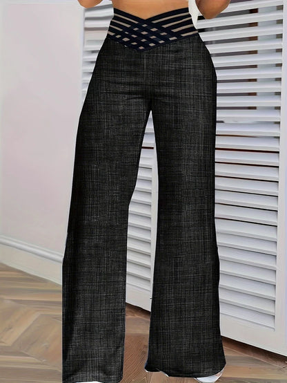 2024 Women’s Wide Leg Flared Pants – Y2K High Waist Crisscross Sheer Mesh Casual Streetwear Trousers