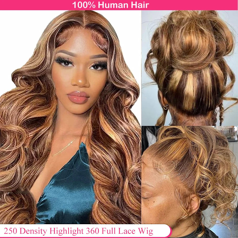 360 Full Lace Wig – Pre-Plucked P4/27 Human Hair, 38 Inches HD Lace Front Body Wave Highlight Wig