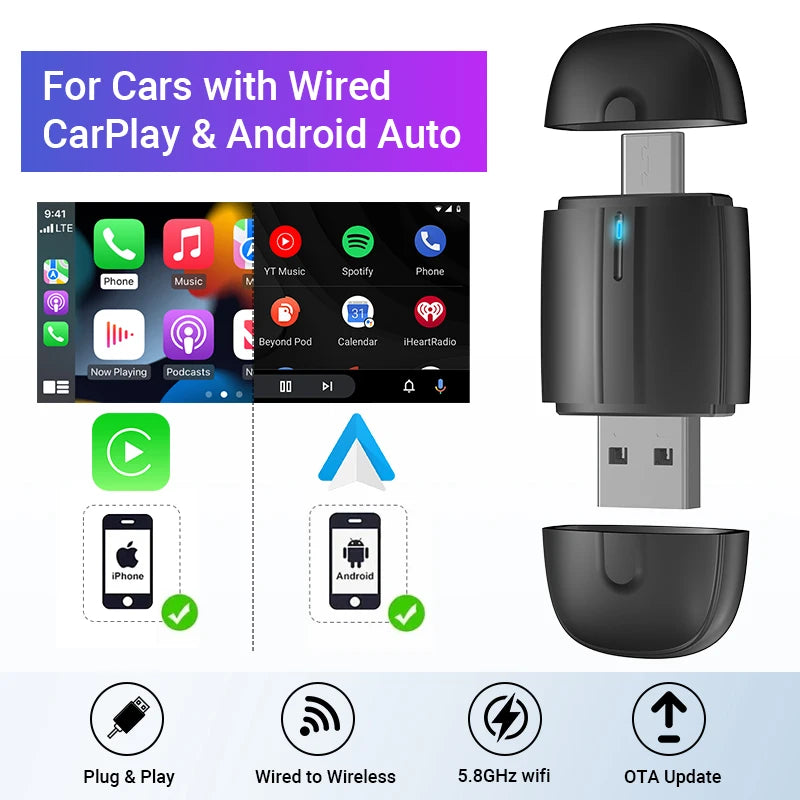 2025 New 2-in-1 Wired to Wireless CarPlay & Android Auto Adapter – Mini Plug & Play Dongle with Auto Connect, Bluetooth & WiFi