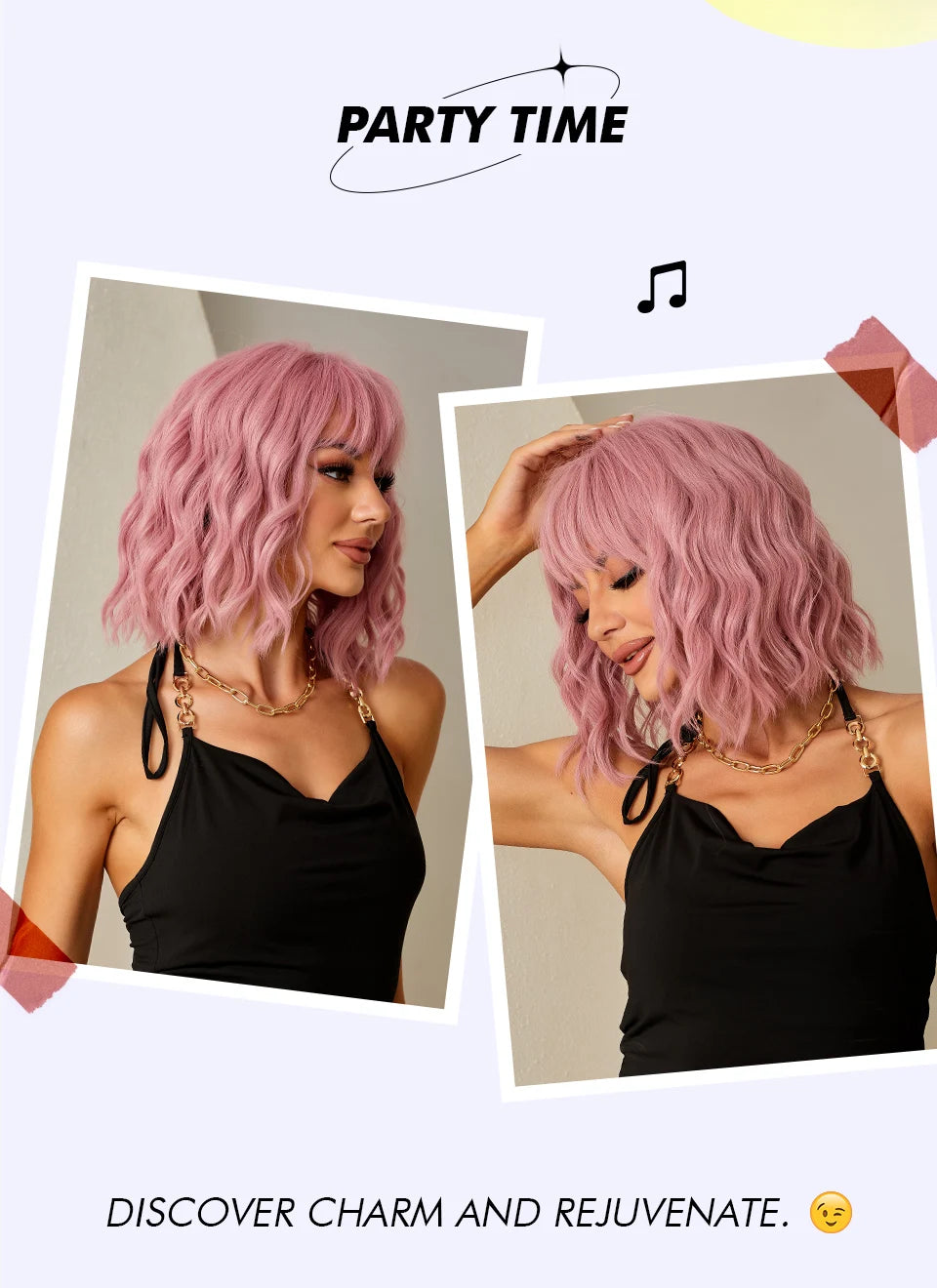 CharmSource Pink BOBO Short Synthetic Wig – Natural Wavy Heat Resistant Hair Wig for Women, Party & Daily Wear