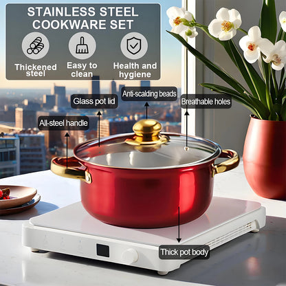 12-Piece Red Cookware Set – Stainless Steel Non-Stick Kitchen Cookware Collection