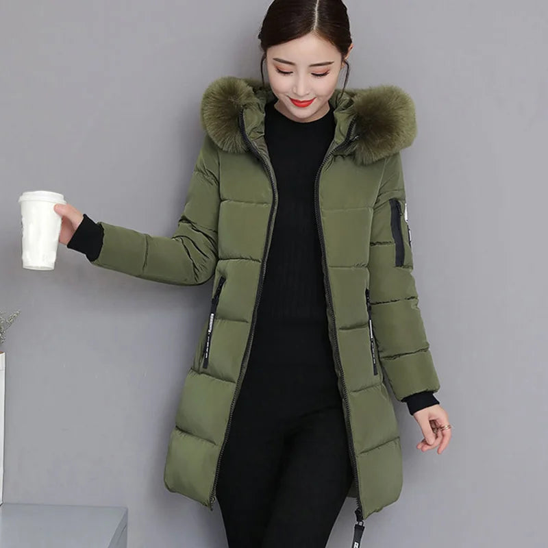 Women's Winter Parka – Fur Collar Hooded Long Jacket, Slim Fit, Warm & Thick with Letter Patch & Zipper Pockets
