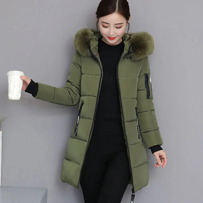 Women's Winter Parka – Fur Collar Hooded Long Jacket, Slim Fit, Warm & Thick with Letter Patch & Zipper Pockets