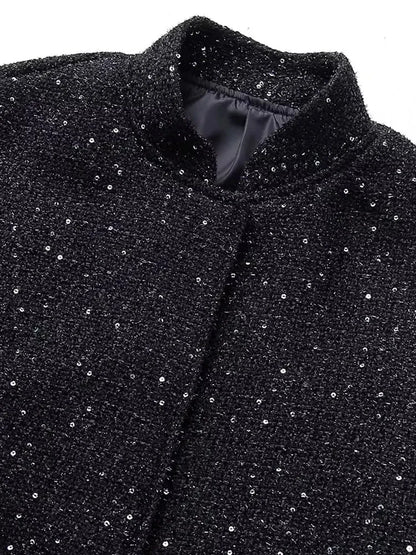 Nlzgmsj Women’s Shiny Sequin Jacket – Y2K Gold Stand Collar Short Coat, Autumn Winter High Streetwear