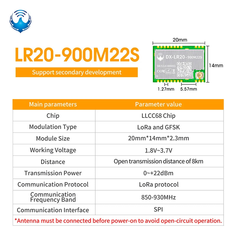 LLCC68 LoRa Wireless Module - DX-LR20 22dBm Long-Range SMD RF Module for 433/475/868/915MHz Frequencies