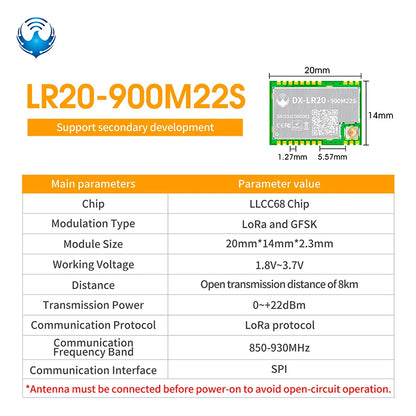 LLCC68 LoRa Wireless Module - DX-LR20 22dBm Long-Range SMD RF Module for 433/475/868/915MHz Frequencies