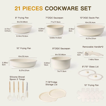Astercook 21 Piece Ceramic Cookware Set - Non-Stick Pots and Pans with Sensor Handles in Milky White