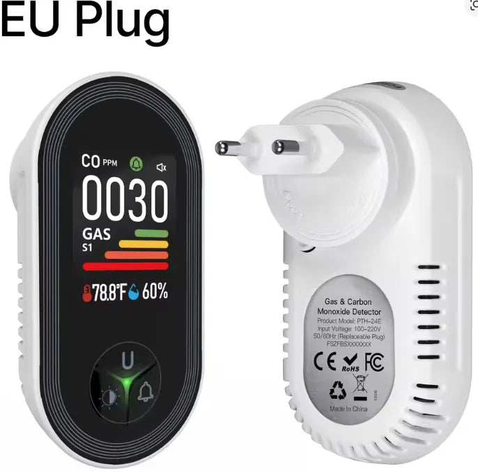 FABISENSE 4-in-1 Carbon Monoxide & Gas Detector - Plug-In CO Alarm with Gas Analyzer, Temperature & Humidity Display