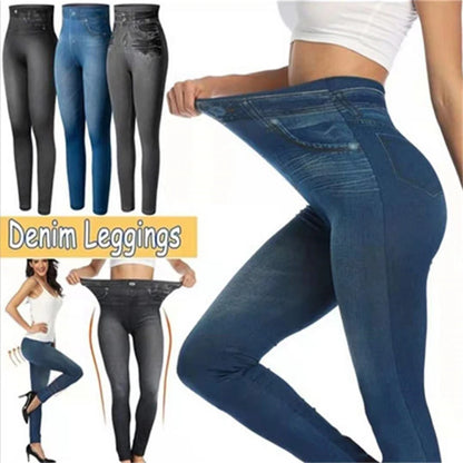 2024 Women's Faux Denim Leggings - Seamless High Waist Push Up Pocket Skinny Pants