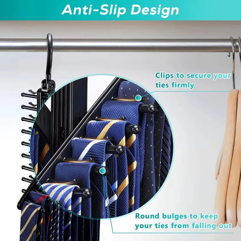 Rotating Tie & Belt Rack — Space-Saving Adjustable Holder with Non-Slip Clips for Home Storage