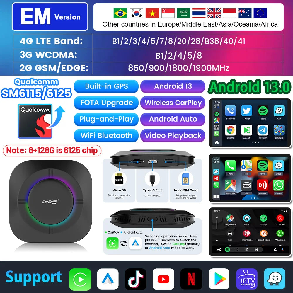 2025 Carlinkit AI Box LED – Android 13 Wireless CarPlay Adapter with Qualcomm 6115, 8-Core 64GB Smart TV Box for Netflix & IPTV
