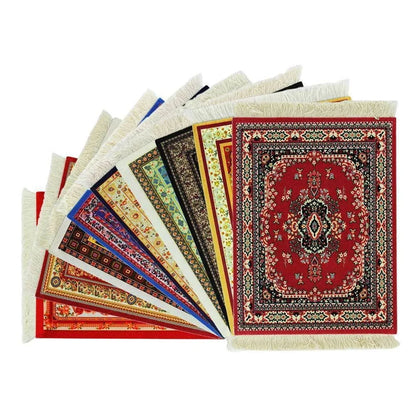 Persian Mini Woven Rug Mousepad - Retro Style Carpet Pattern Cup Laptop PC Mouse Pad with Fringe - Home Office Table Decor Craft