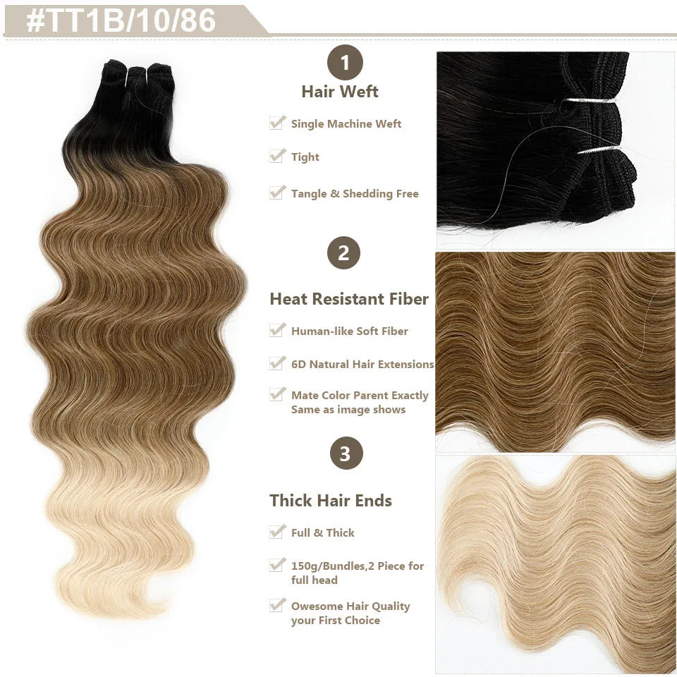 Highlight Gold Bio Body Wave Hair Weave Bundles – 26"/30" Synthetic High Temperature Soft, Natural Human-Like Fiber Hair Extensions