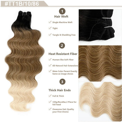 Highlight Gold Bio Body Wave Hair Weave Bundles – 26"/30" Synthetic High Temperature Soft, Natural Human-Like Fiber Hair Extensions