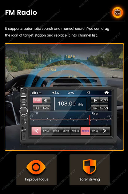 Navifly 7-Inch HD Touchscreen Car Multimedia Player – Universal 2 DIN, CarPlay, FM, Bluetooth for Toyota, Honda, VW, Corolla, Camry, Rav4