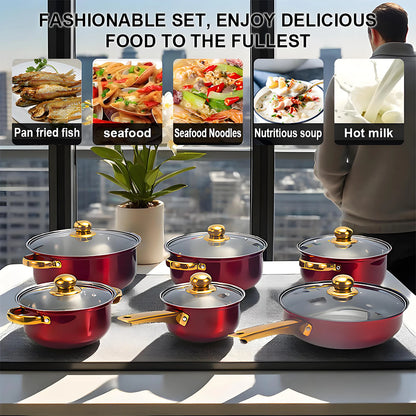 12-Piece Red Cookware Set – Stainless Steel Non-Stick Kitchen Cookware Collection