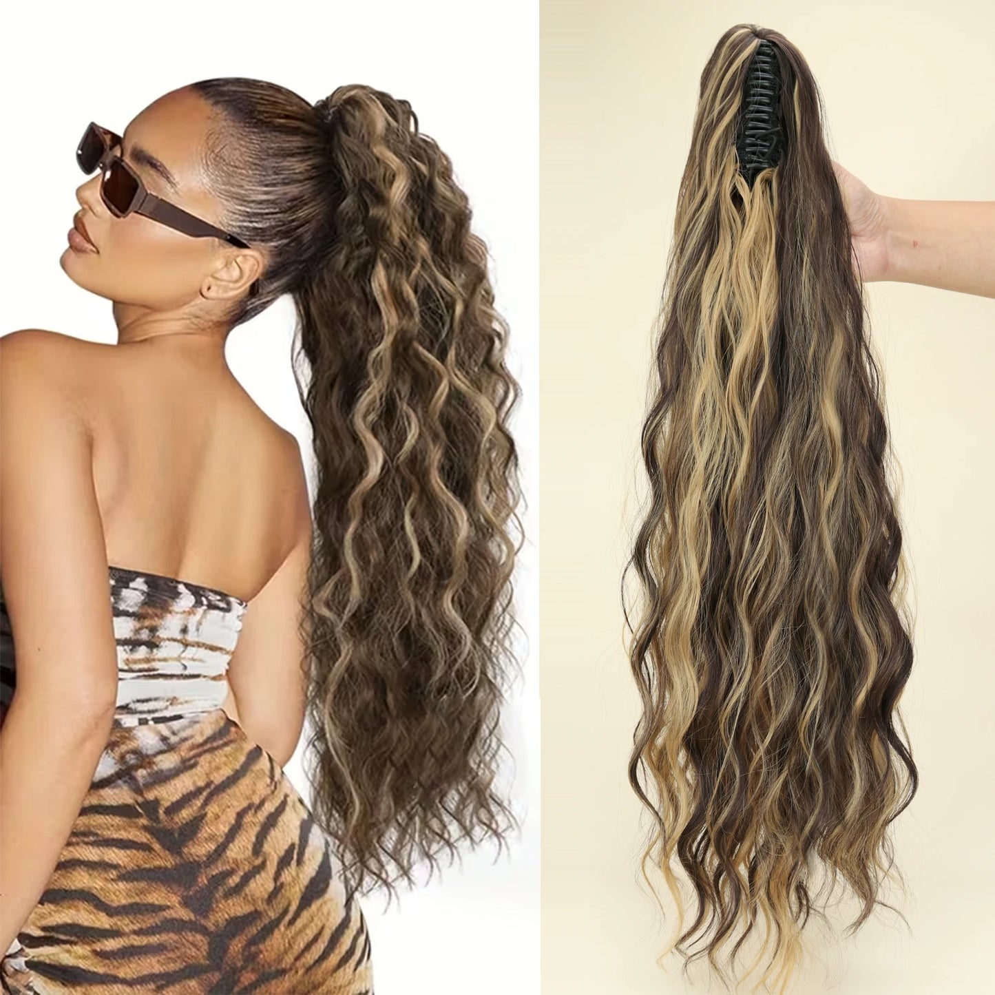 Synthetic Water Wave Claw Clip Ponytail Hair Extension – Black & Blonde, Heat-Resistant Fluffy Messy Style for Women