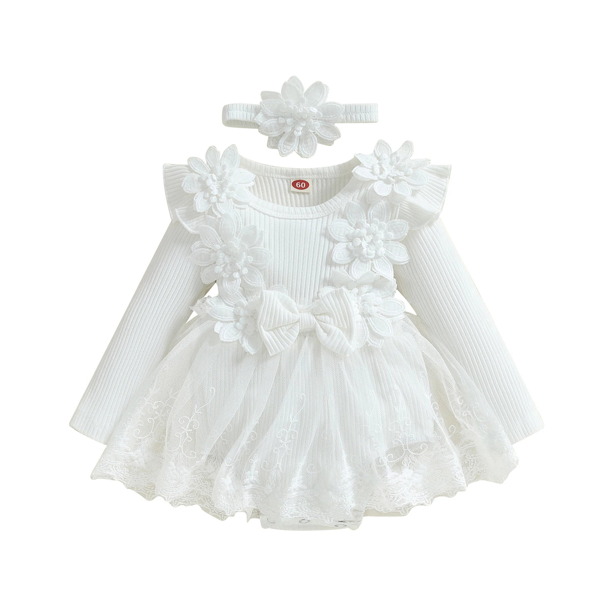 3D Flower Baby Girls’ Romper - Princess Mesh Lace Ruffle Bodysuit Dress with Headband