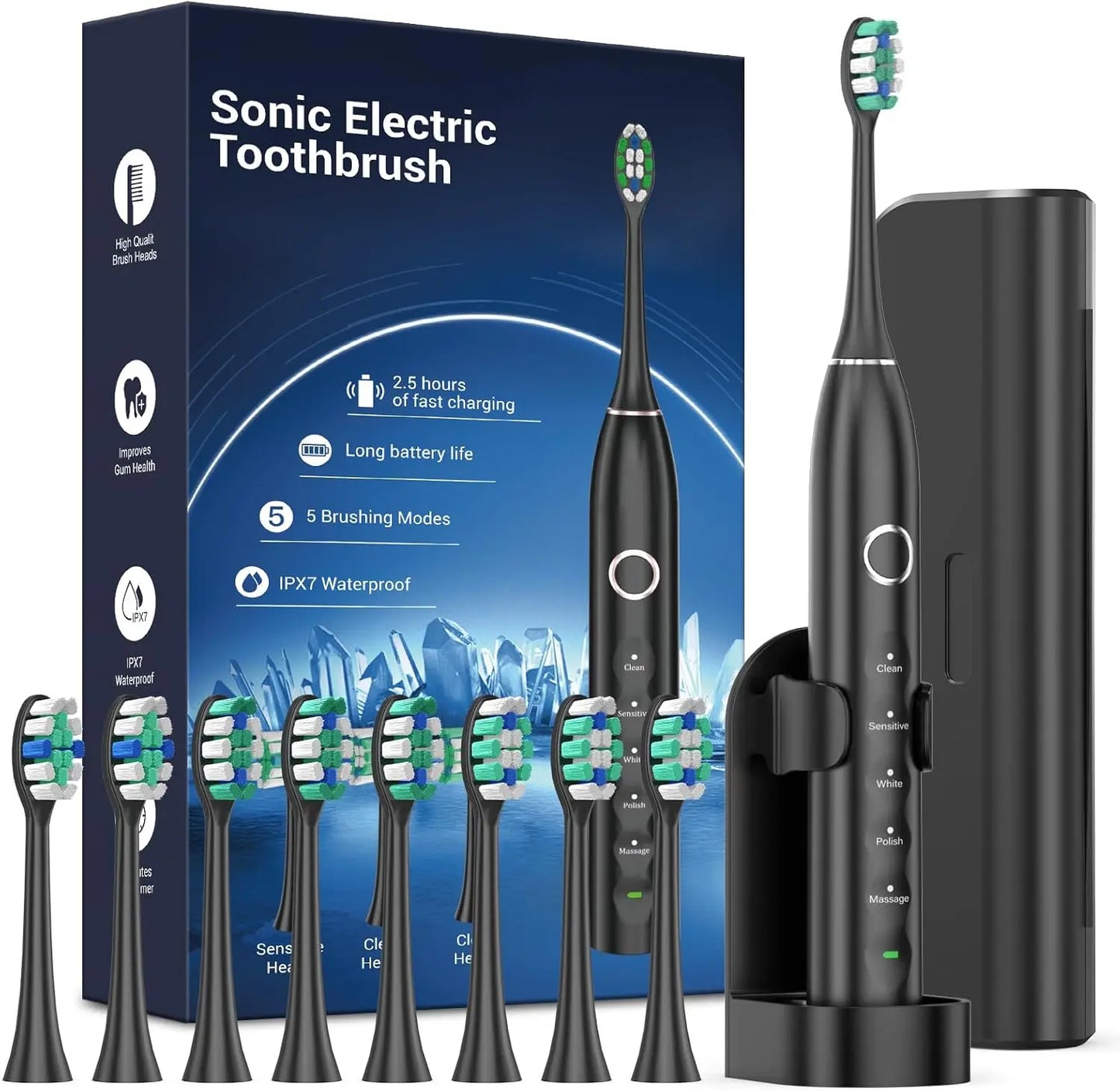 Rtauys S5 Upgraded Sonic Electric Toothbrush – Rechargeable Toothbrush for Adults & Kids 12+, 8 Brush Heads, IPX7 Waterproof Travel Case