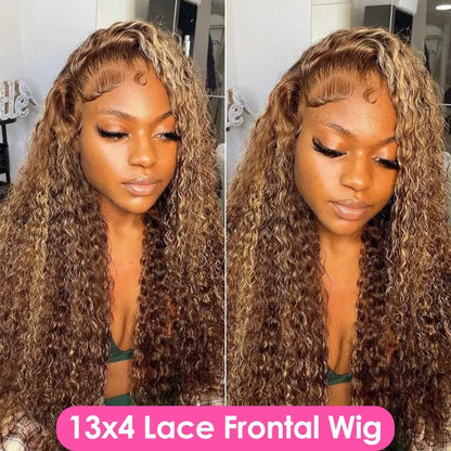 Honey Blonde Deep Water Wave HD Lace Frontal Wig – 13x6 Human Hair, Highlight Curly, 30-34 Inch Length