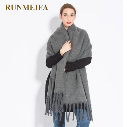 Luxury Cashmere Scarf for Women - Thickened Warm Shawl with Classic Tassels, Soft Solid Color Wrap for Autumn and Winter