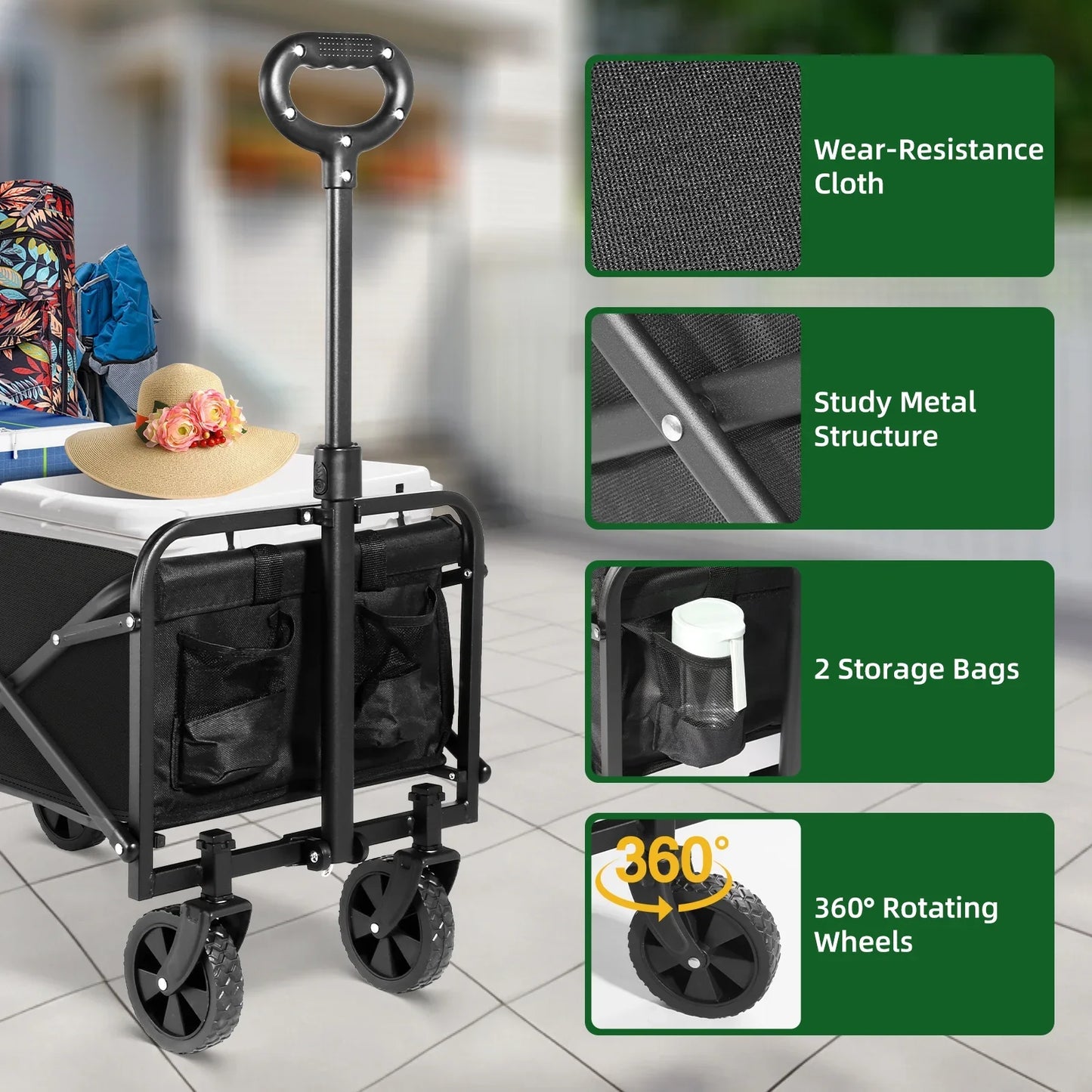 PowerHaul 550LB Folding Wagon — 5.3 cu ft Heavy-Duty Collapsible Utility Cart with All-Terrain Wheels (Black)