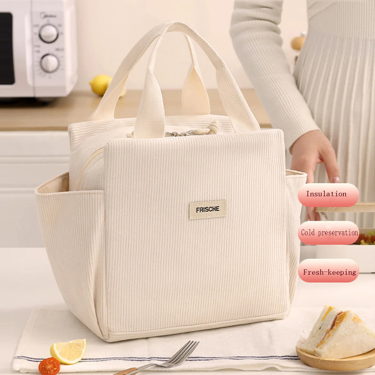 12L Insulated Lunch Box Bag — Thickened Aluminum Foil, Waterproof & Oil-Proof Printed Corduroy Meal Bag