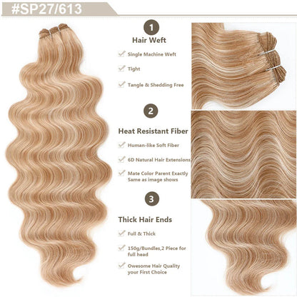 Highlight Gold Bio Body Wave Hair Weave Bundles – 26"/30" Synthetic High Temperature Soft, Natural Human-Like Fiber Hair Extensions